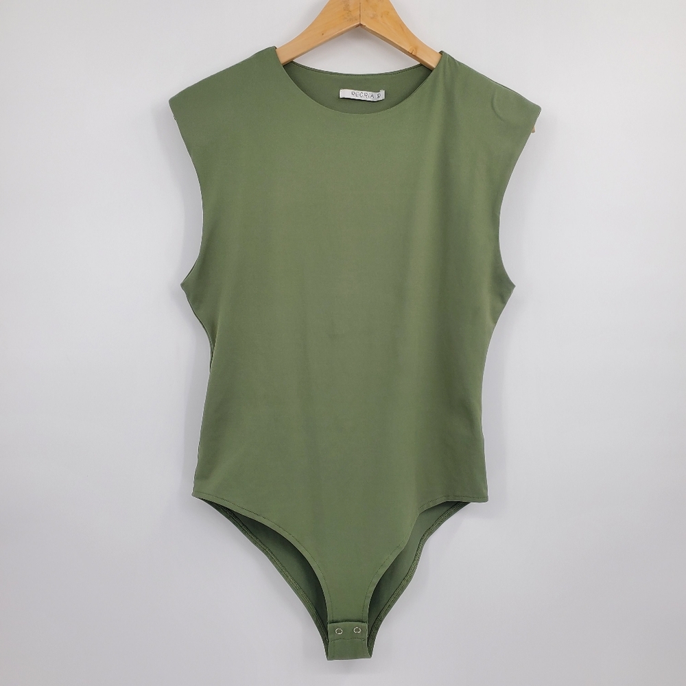 ♤♤ ReoRia Rule Your World Padded Shoulder Bodysuit Olive Green Size Large